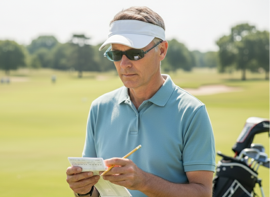 Man on a golf course writing on a scorecard with sunglasses and a visor.