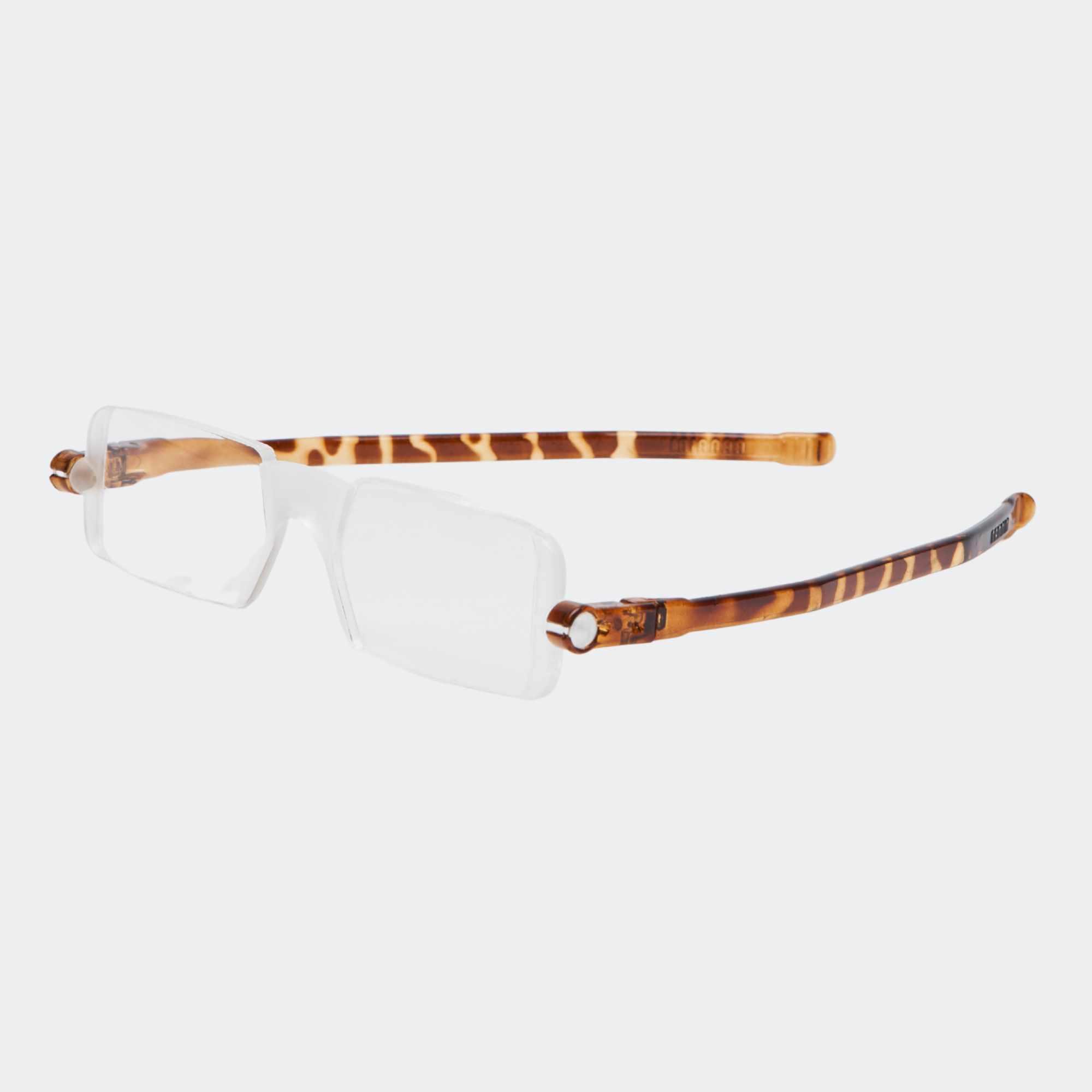 Folding reading glasses with a tortoiseshell frame on a white background