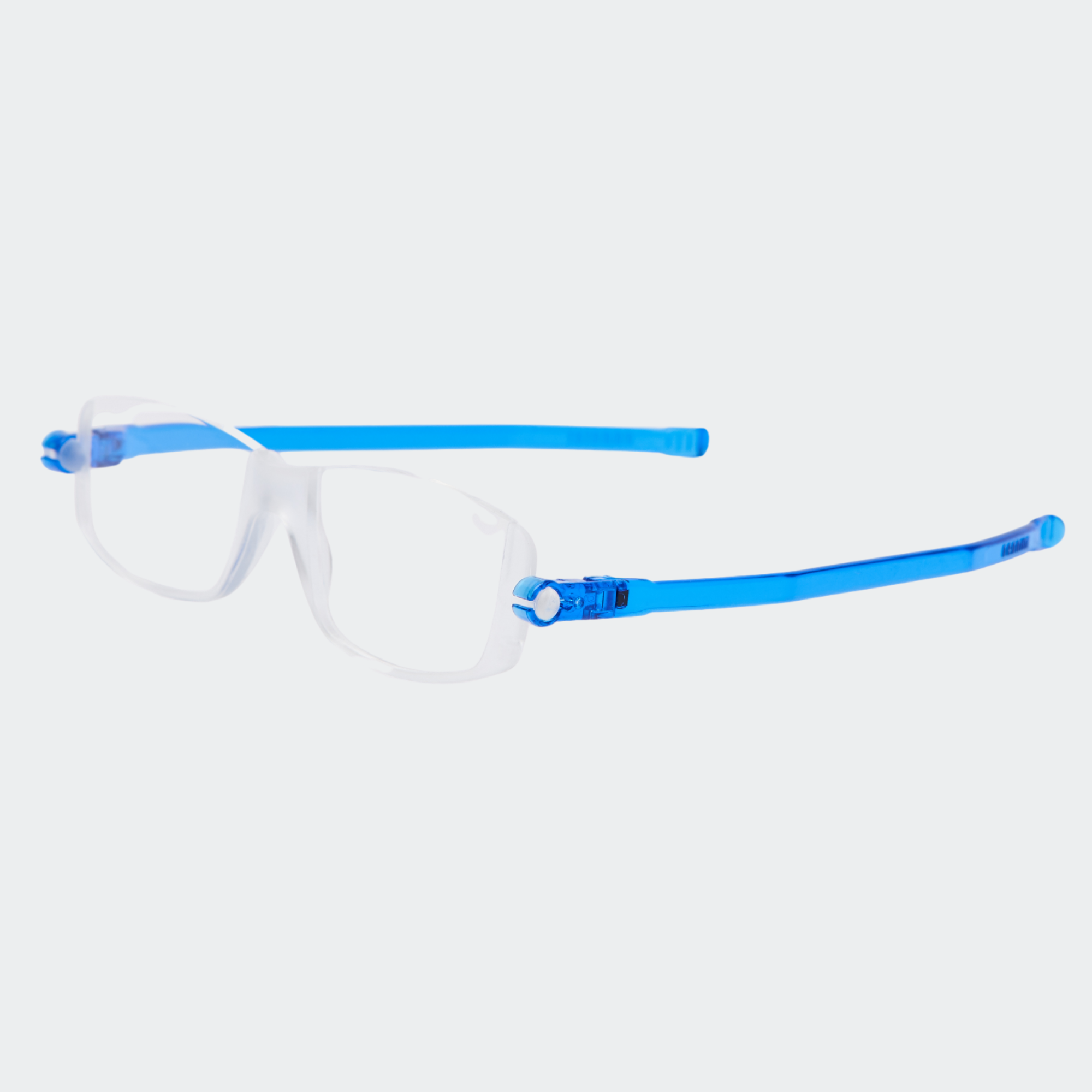 Folding reading glasses with dark blue frame and clear lenses on a white background