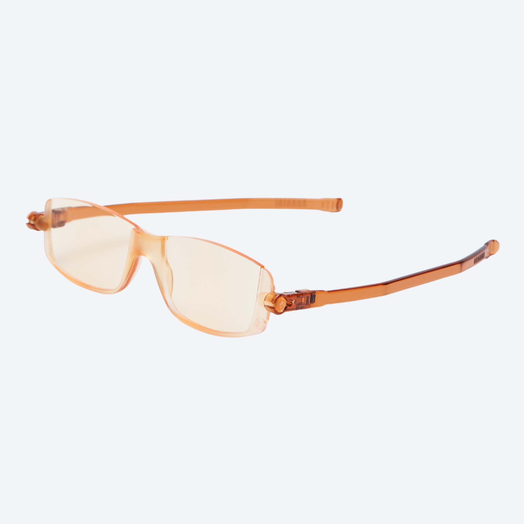 Pair of eyeglasses with orange frame and orange lenses on a white background