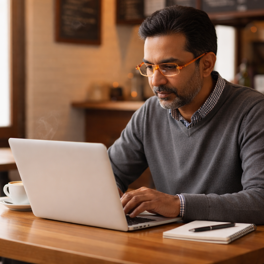 Man wearing orange reading glasses using a laptop in a cozy indoor setting